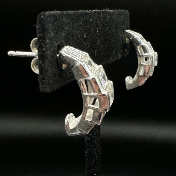 Sparkly Rhodium Plated CZ Half Hoop Huggie Earrings - Pierced - Picture 11 of 12